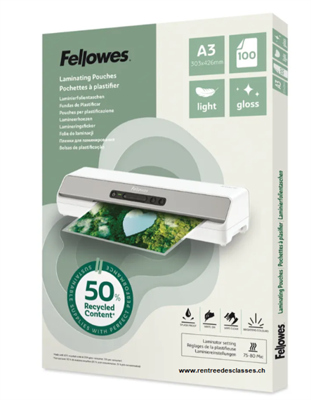 Bte de 100 poches de laminages Fellowes 80 microns Recycling